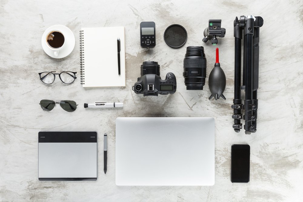 photography accessories on work table top view